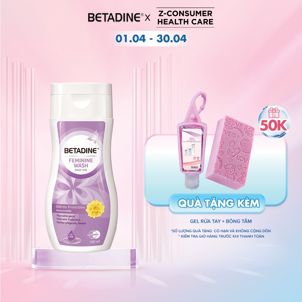 Dung dịch vệ sinh phụ nữ Betadine Feminine Wash Daily Use Gentle Protection Immortelle 100ml