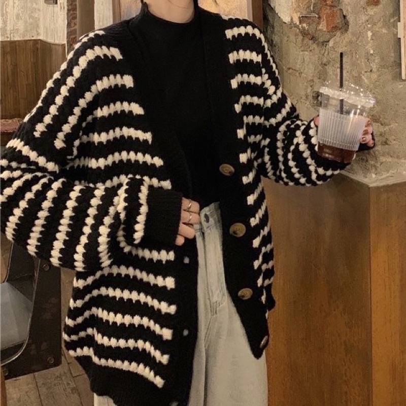 Áo Cardigan len kẻ phối đen trắng dáng rộng [50c đầu rẻ nhất] - CLG18