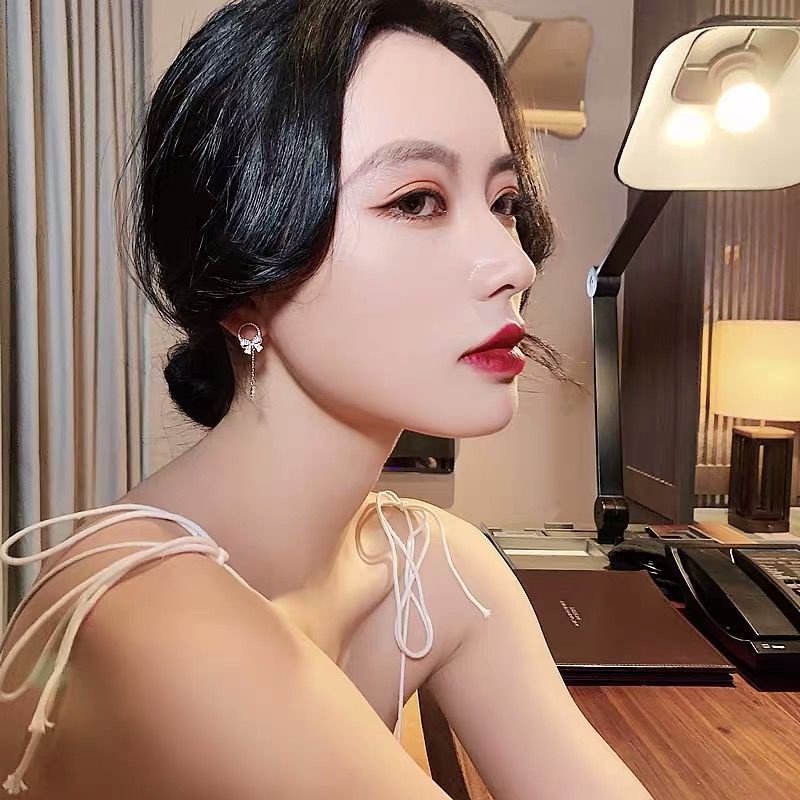 MANYUE Bông Tai Mạ Bạc 925 Đính Đá Phối Tua Rua Phong Cách Hàn Quốc Thời Trang Cho Nữ