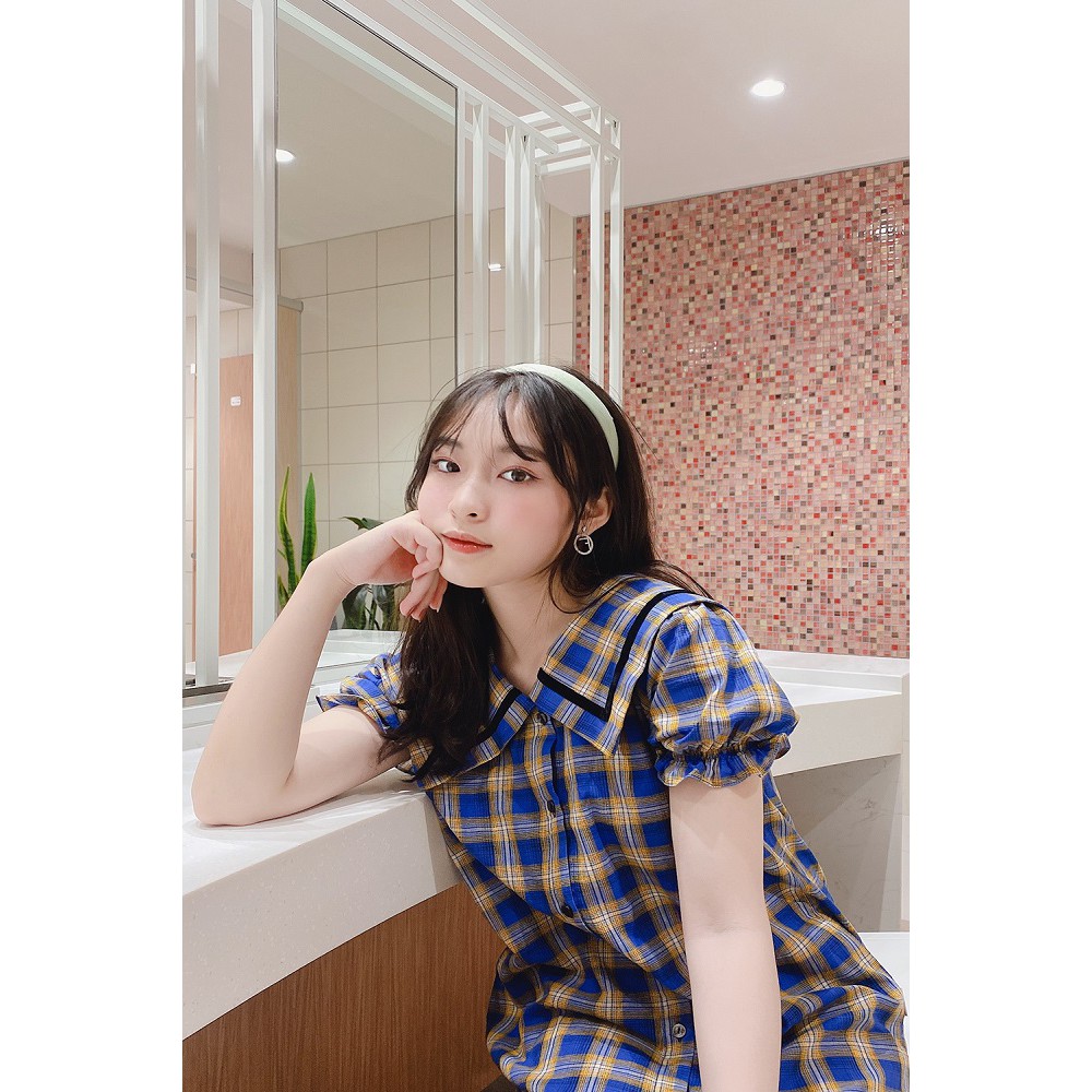 Đầm váy nữ 92WEAR đủ màu, đủ size, dáng suông ngắn tay kẻ caro viền lá cổ DXW0235 | BigBuy360 - bigbuy360.vn