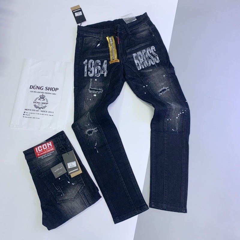 Quần Jean đen mài rách khoá lệch hoạ tiết in chữ QJ36