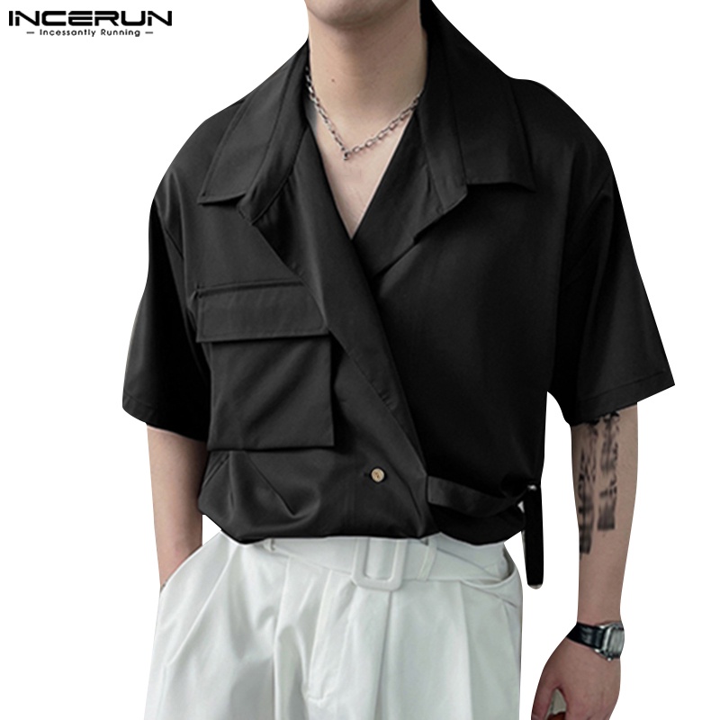 Áo sơ mi INCERUN tay ngắn có cổ thiết kế bất đối xứng thời trang cá tính cho nam
