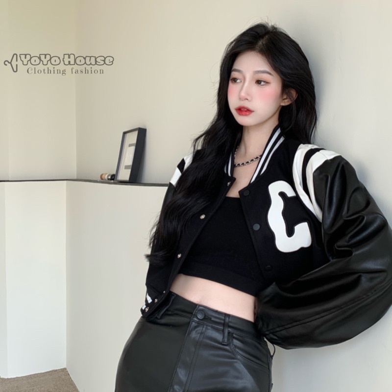 Áo khoác bóng chày bomber croptop da nữ phong cách Mỹ