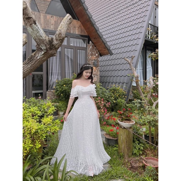 Đầm maxi đi biển, dự tiệc, trễ vai phối ren hình thật