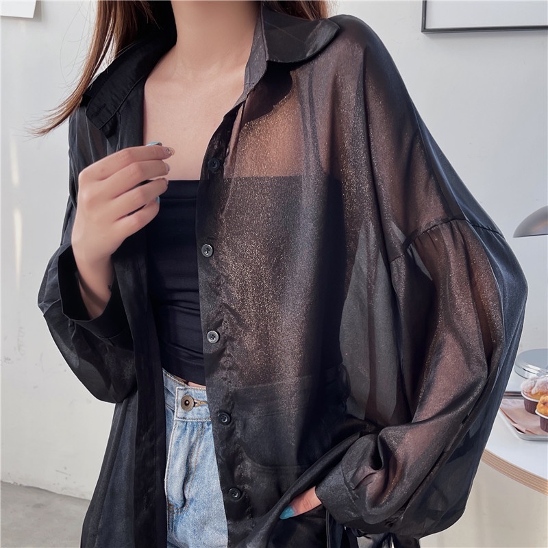Áo Sơ Mi Voan Mỏng Xuyên Thấu Thời Trang Hàn Quốc Dành Cho Nữ áo croptop