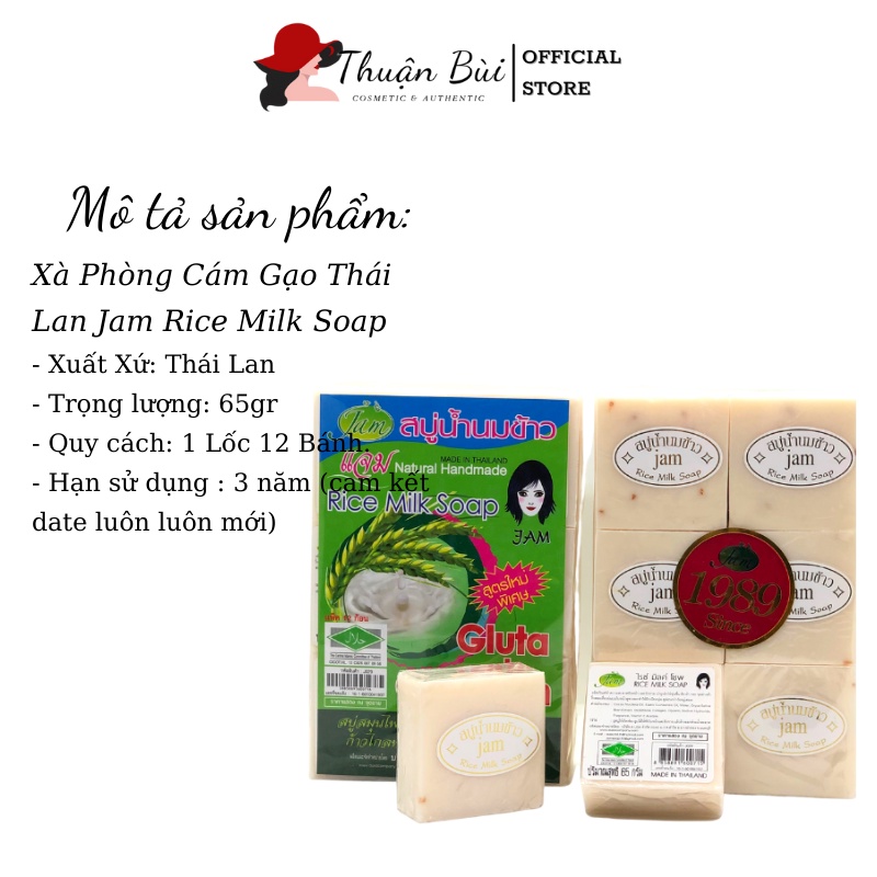 Combo 12 bánh Xà Phòng Cám Gạo Thái Lan JAM RICE MILK SOAP - Xà Phòng Dưỡng Trắng Da 780gr Lốc 12 bánh
