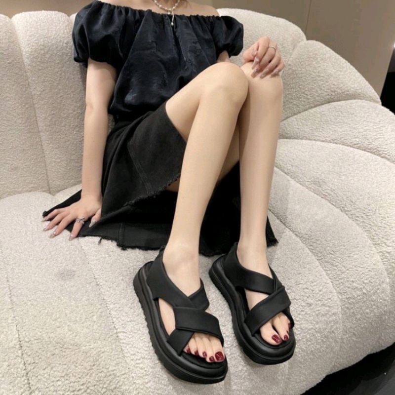 Sandal quai da chéo xoắn chun sau QC loại 1 Xăng đan đế răng cưa 5cm