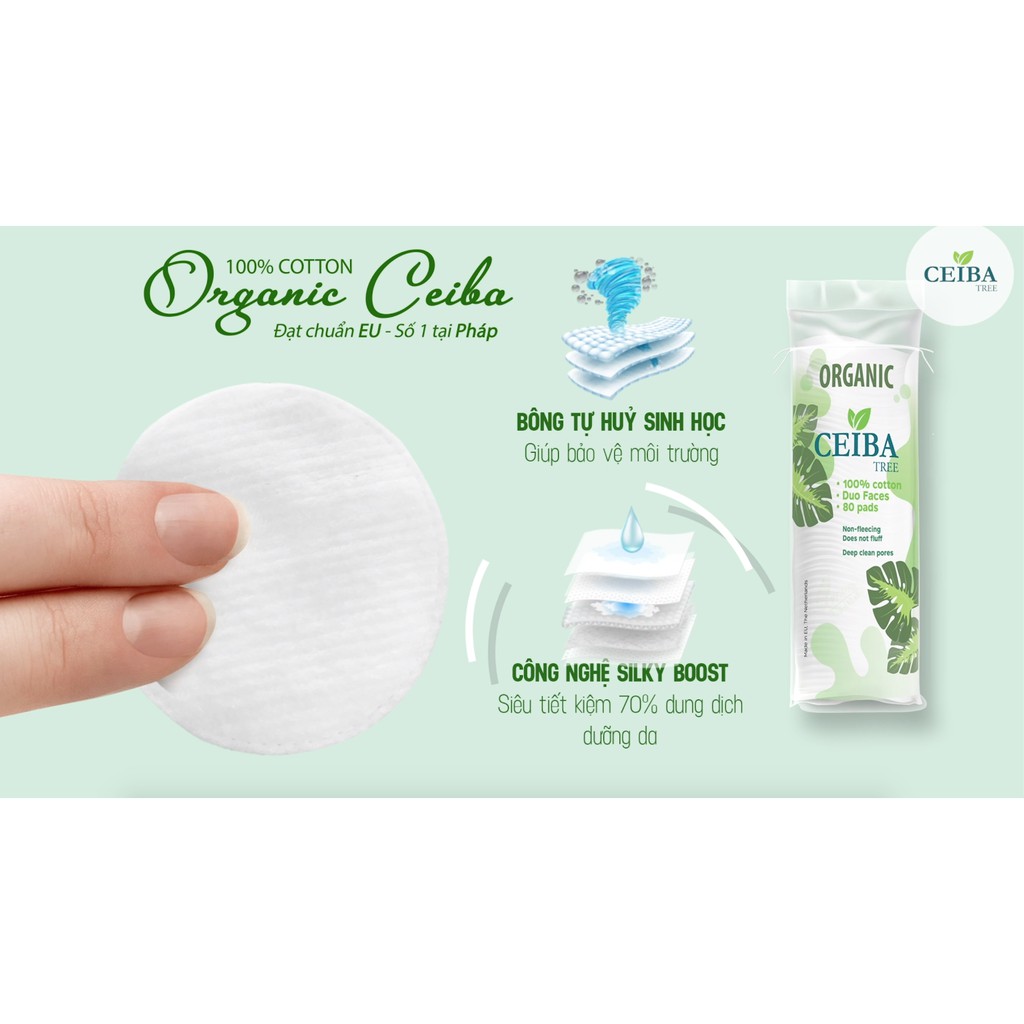 Bông tẩy trang Organic CEIBA duo face 100% cotton dành cho da nhạy cảm 80pads | BigBuy360 - bigbuy360.vn