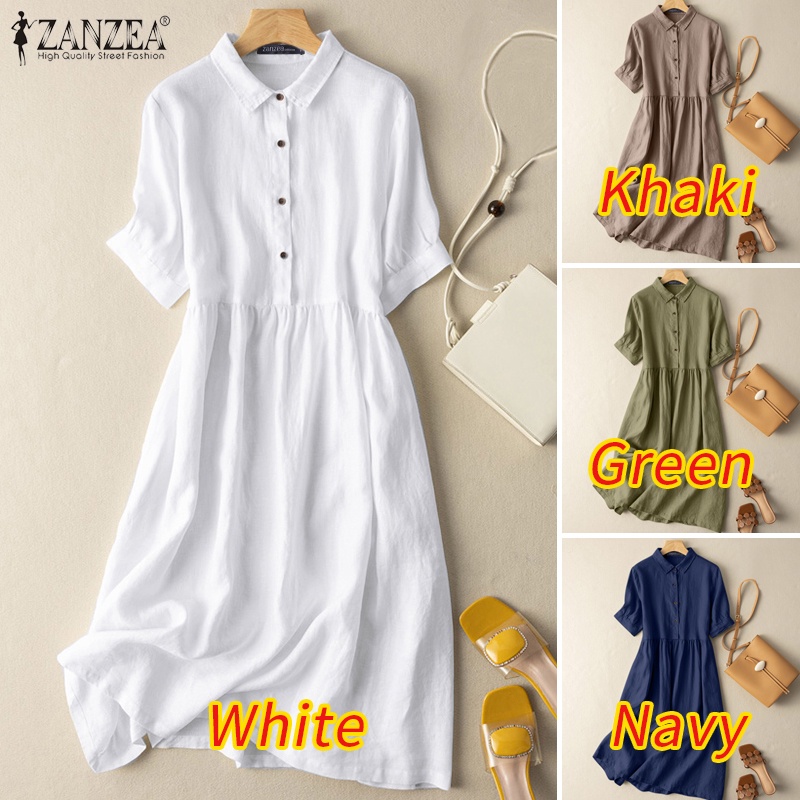 Zanzea Đầm Midi Tay Ngắn Cổ Bẻ Phong Cách Retro Thời Trang Cho Nữ