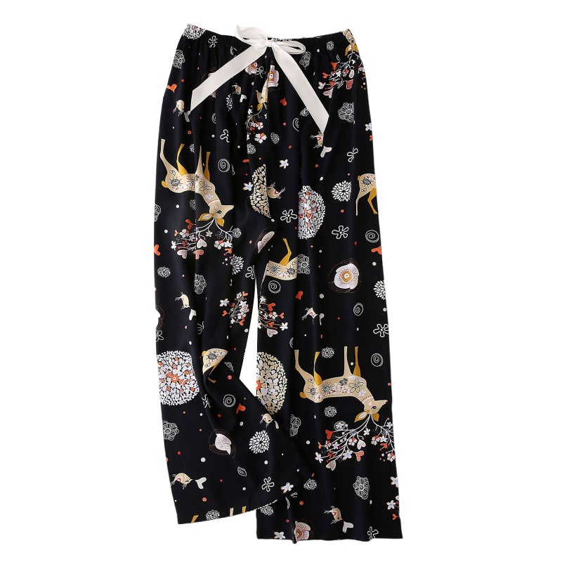 Quần Ngủ Ống Rộng Lưng Cao In Họa Tiết Hoa/Động Vật/Dâu Tây Phối Nơ Xinh Xắn Cho Nữ