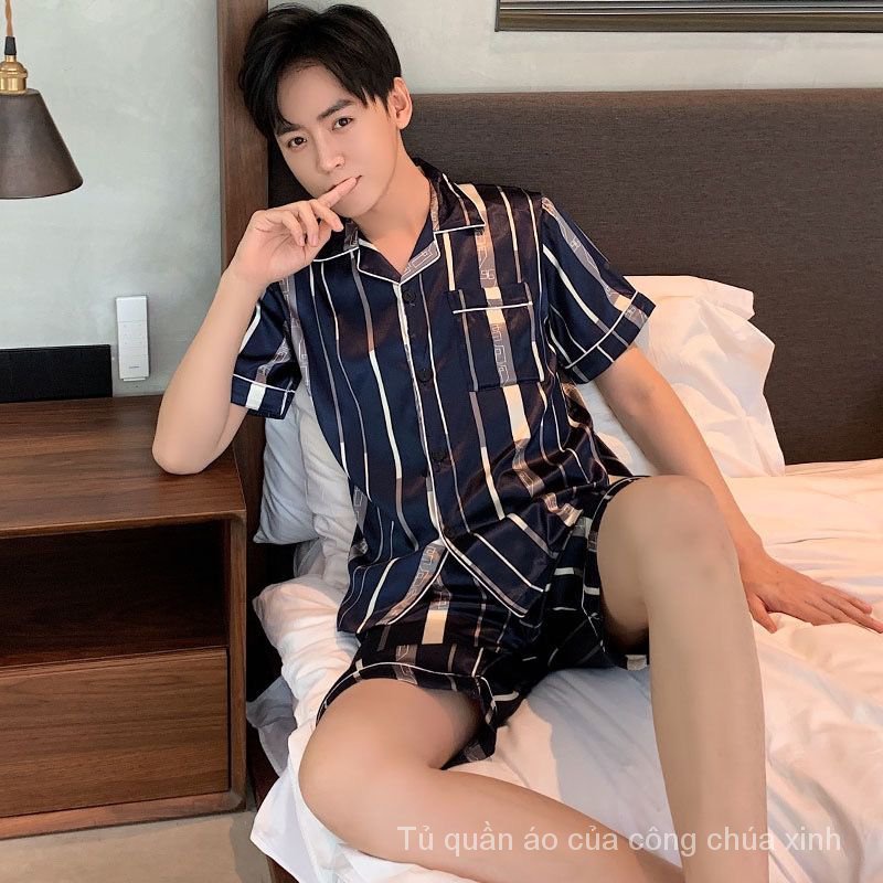 Bộ đồ ngủ ngắn tay bằng vải lụa lạnh mỏng in họa tiết hoạt hình thời trang mùa hè cho nam X80W