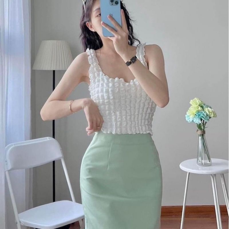 Áo 2 dây xốp phồng ô vuông bản to croptop đủ màu co giãn siêu xinh