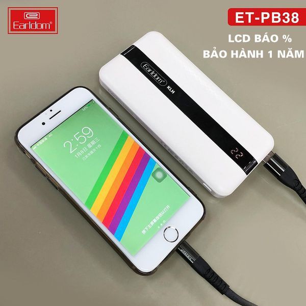 Sạc dự phòng 10.000 mAh có màn hình báo % pin, pin tích điện dung lượng cao đạt chuẩn - Earldom ET PB38 KLH