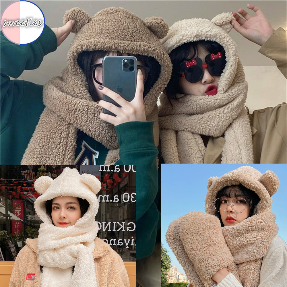 Khăn choàng cổ có mũ và găng tay/ có mũ dễ thương phong cách Hàn Quốc