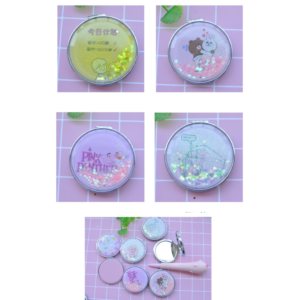 Gương mini 2 mặt nhũ ki tuyến họa tiết cute quả bơ, trái bơ, gấu bế thỏ, tôm và jely