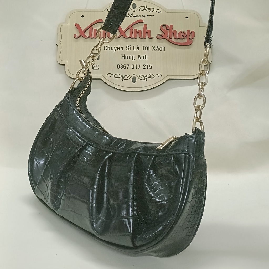 Túi xách nữ đẹp dáng rúm xích phối quai da 2 bên size 24cm 2 màu đen trắng có dây đeo chéo hợp mọi thời trang - TM33