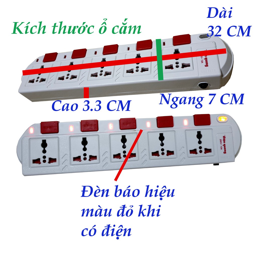 Ổ cắm điện quang 5 lổ 5 công tắc 5 mét ĐQESK5 - màu trắng hoặc màu đen