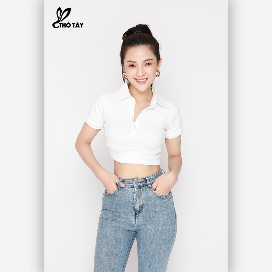 Áo thun croptop cổ bẻ THỎ TÂY A220B645