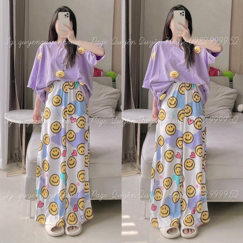 Set áo cotton đính mặt cười quần suông gân R6