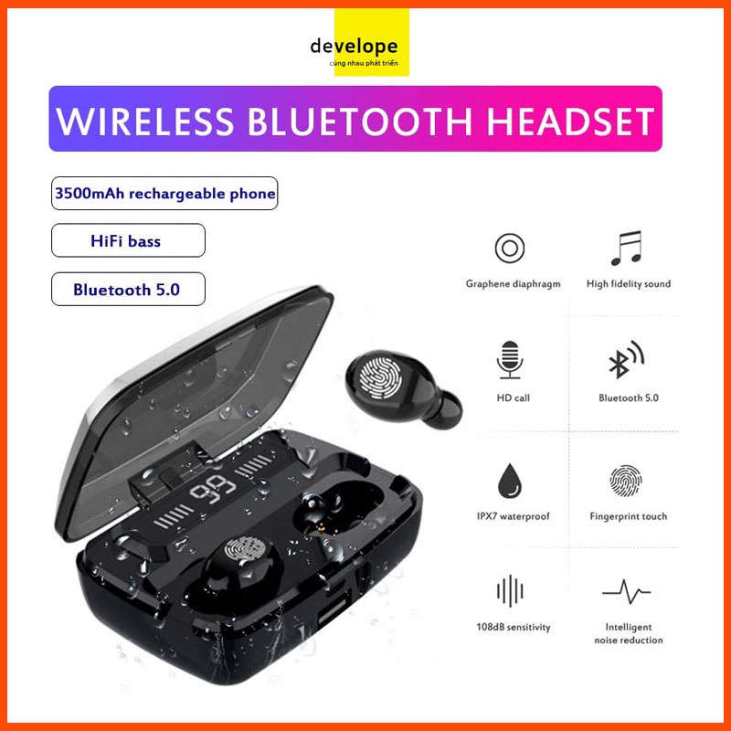 Tai Nghe Bluetooth 5.0 LED VUÔNG, Tai Nghe Bluetooth Không Dây 5.0, Kiêm Sạc Dự Phòng 3500mAh, Điều Khiển Cảm Ứng