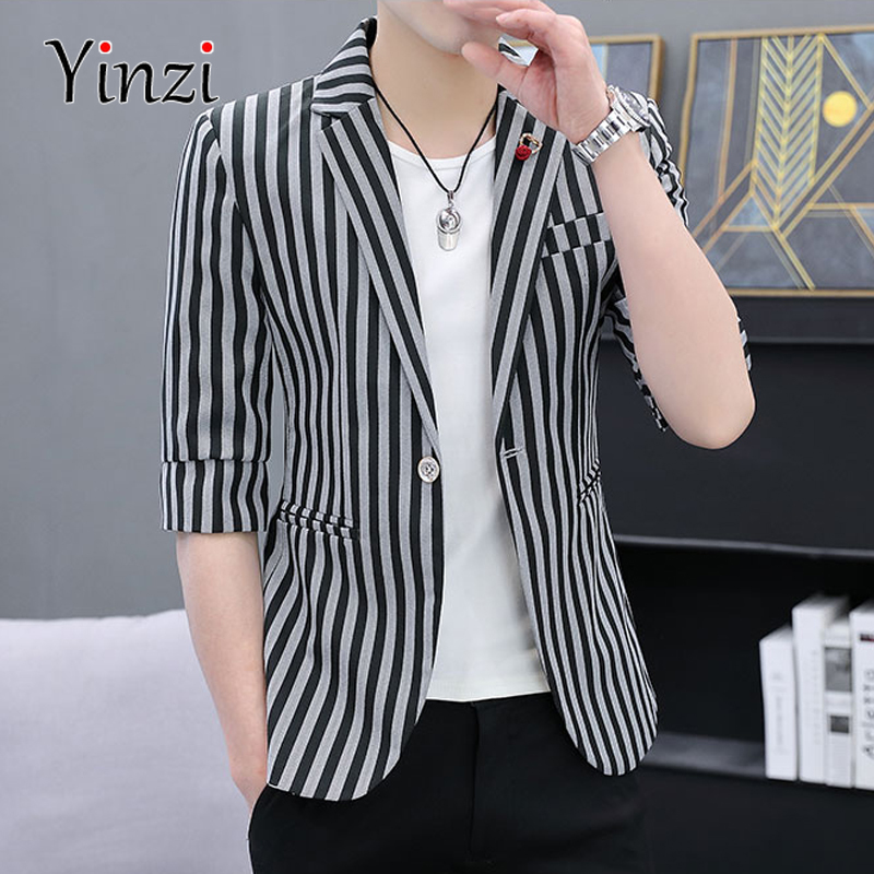 Bộ Com Lê Nam, Áo Blazer Bộ Com Lê 3/4 Mỏng Kẻ Sọc Hàn Quốc Mùa Xuân Hè