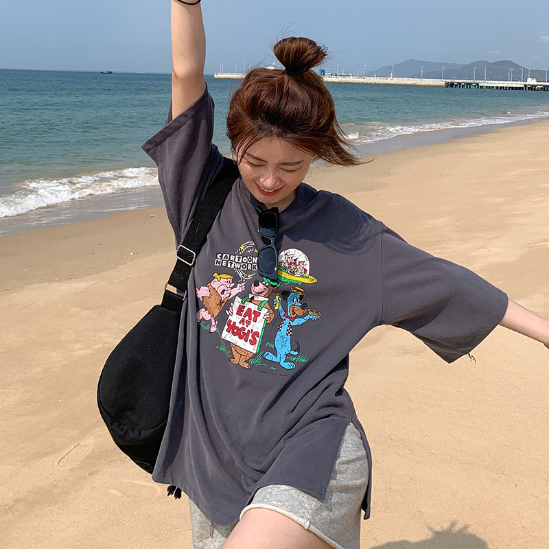 Áo thun tay ngắn dáng rộng in họa tiết hoạt hình thời trang mùa hè cho nữ