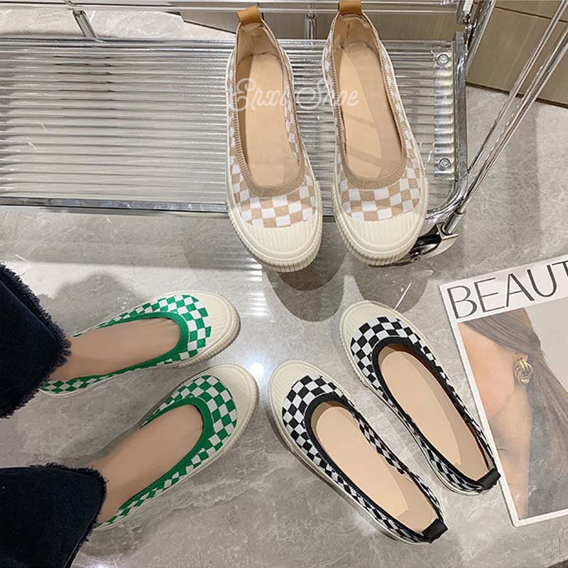 Giày Búp Bê Vải Lưới Họa Tiết Caro Thời Trang Nữ Tính