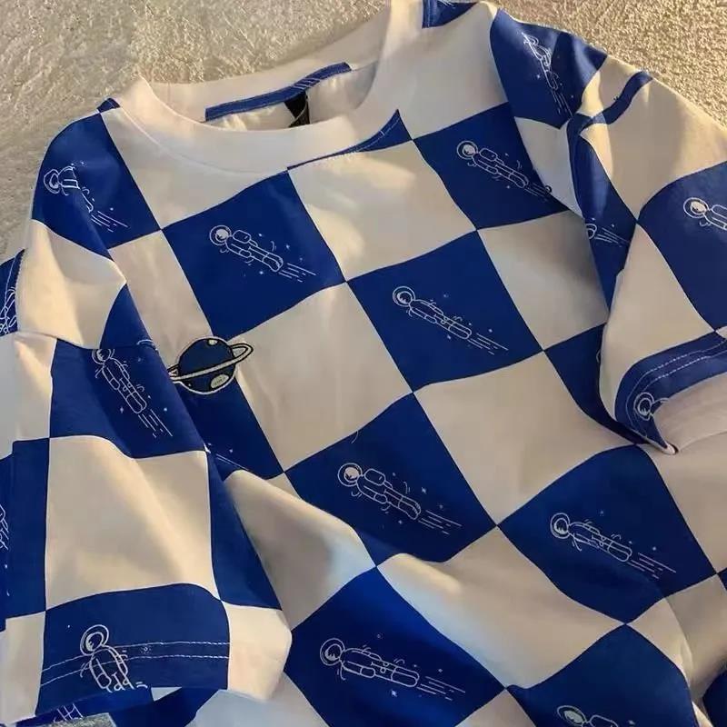 Áo thun COZOK tay ngắn dáng rộng họa tiết kẻ sọc ca rô phong cách Hong Kong thời trang dành cho nữ