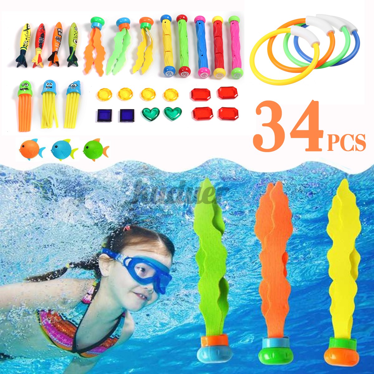 34 PCS/Set Child Summer Underwater Swimming/Diving Pool Toys, Diving Rings, Torpedo With Underwater Treasures Gift Set