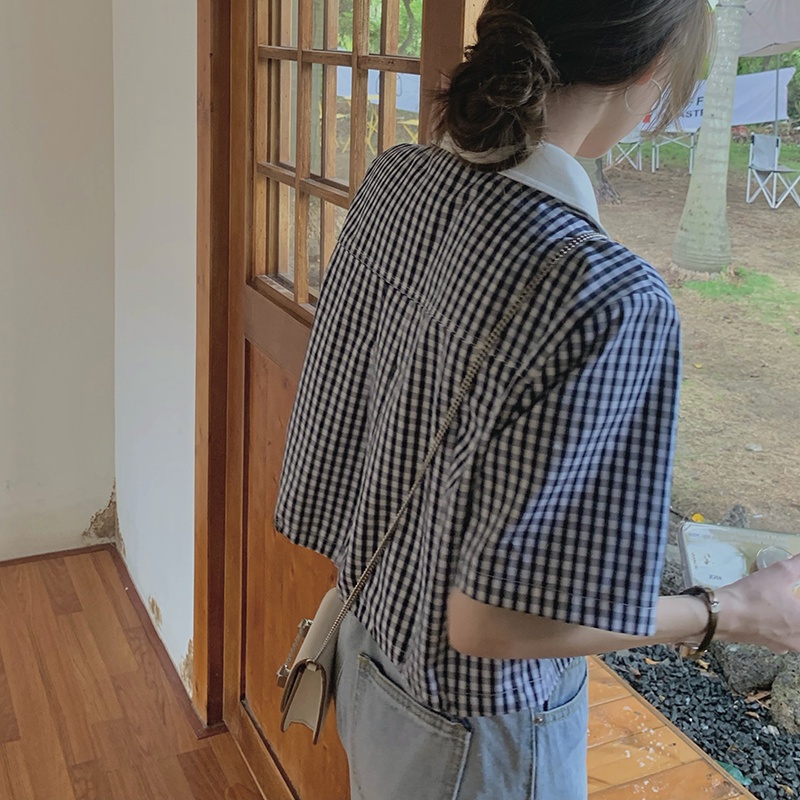 Áo Sơ Mi Tay Ngắn Họa Tiết Sọc Caro Xinh Xắn Thời Trang Mùa Hè Cho Nữ