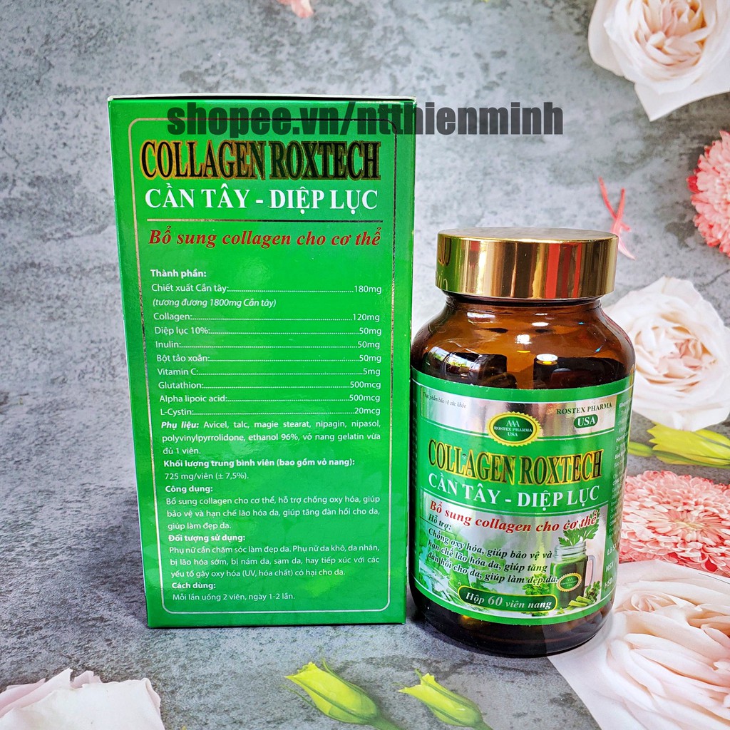 Viên uống COLLAGEN DIỆP LỤC CẦN TÂY hỗ trợ làm đẹp da, trắng sáng da, giảm cân – Hộp 60 viên | Thế Giới Skin Care