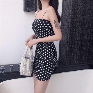 [SẴN] Váy body 2 dây bún chấm bi (ảnh thật)