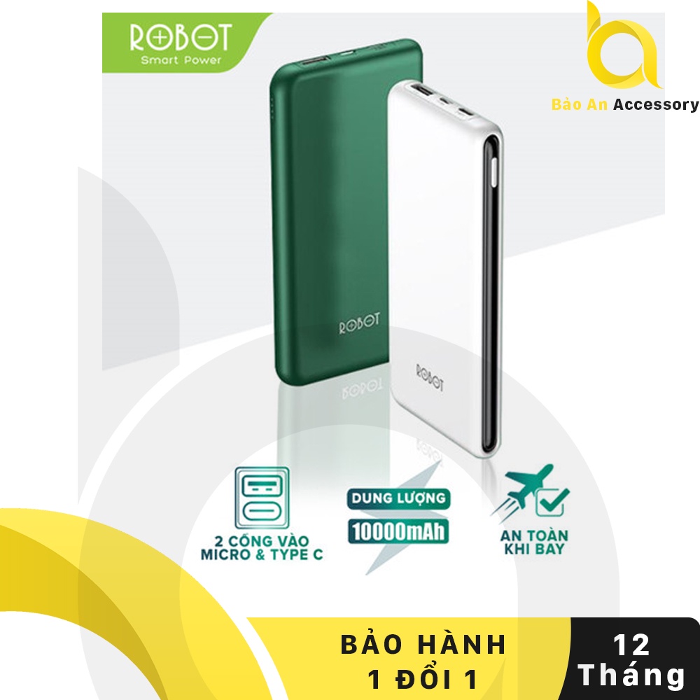 Pin Sạc Dự Phòng 10.000mAh ROBOT RT180 1 Output USB & 2 Input Micro/Type-C - Kích Thước Siêu Mỏng Nhẹ