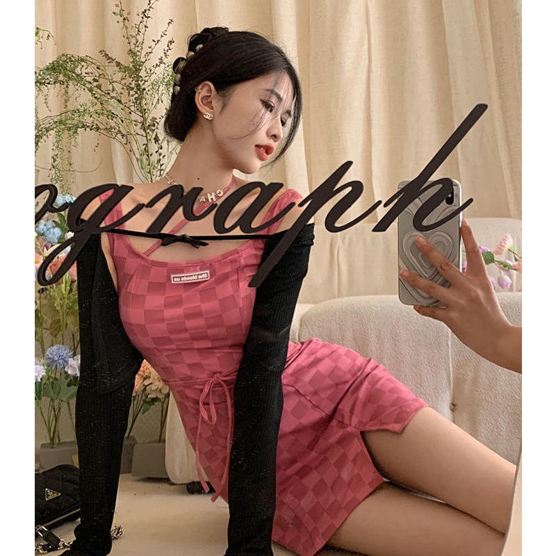 Váy Hai Dây Kẻ Ca Rô Váy Ôm Eo Khăn Choàng Thắt Nơ