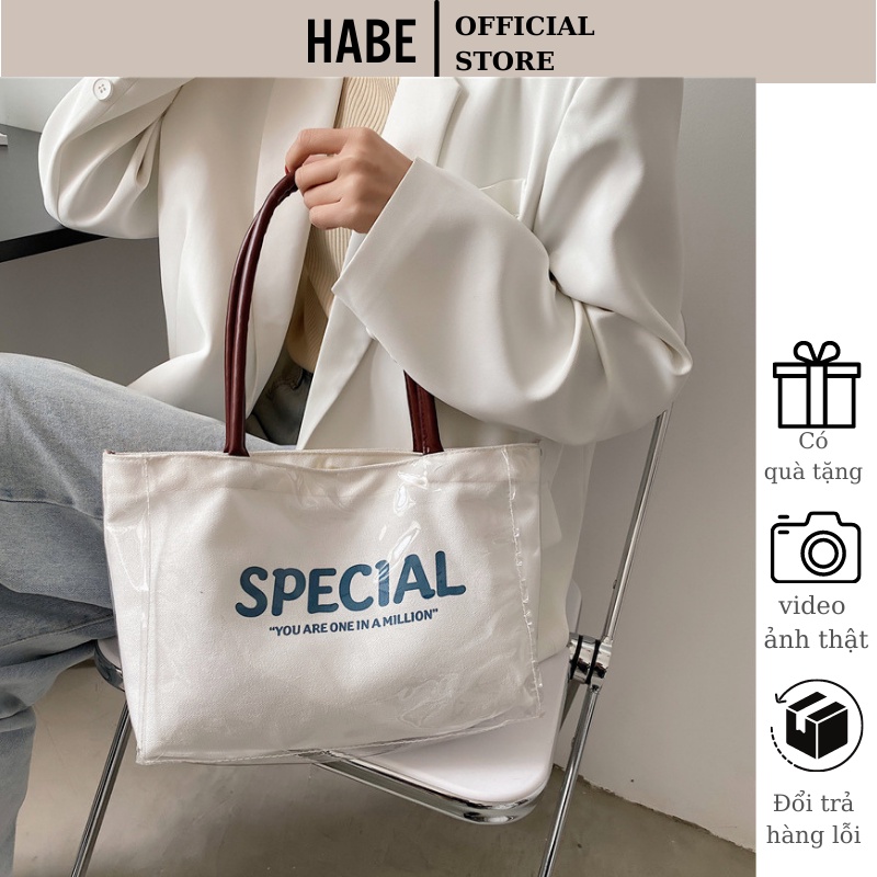 Túi vải đeo vai Hàn Quốc bọc nhựa PVC chống thấm nước, túi tote phong cách Ulzzang HABE TX04