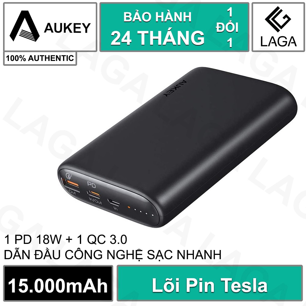 Pin Sạc Dự Phòng Aukey 15000mAh Lõi Tesla, Sạc Nhanh Quick Charge QC 3.0 & Power Delivery PD 18W PB-Y39