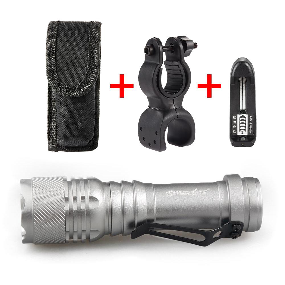 Black Tactical Focus 300LM Zoomable LED 3 Modes Flashlight Lamp Light Outdoor+Flashlight holster+Charger+Bicycle Holder