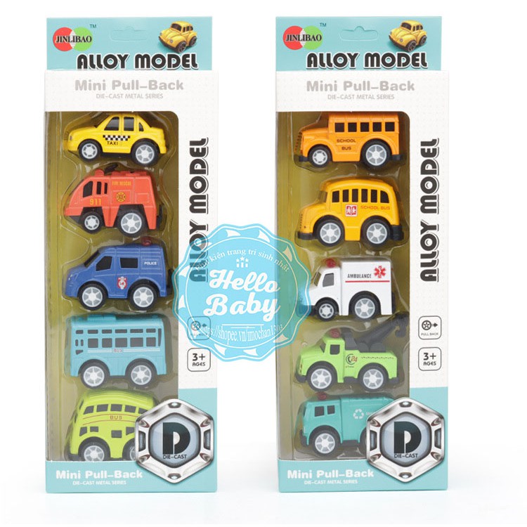 Set 5 xe sắt đồ chơi cho bé School Bus, Cứu Thương, Cứu Hộ, Môi Trường