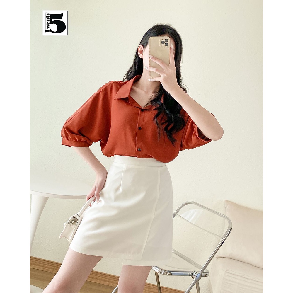 Áo sơ mi nữ cổ đức công sở dáng rộng lửng vai nhún xếp ly tay lửng Twentyfive N137