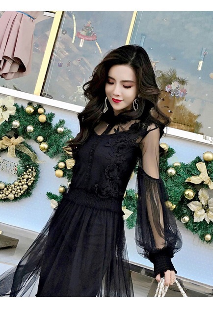 Váy thiết kế voan cao cấp tay bồng sang chảnh