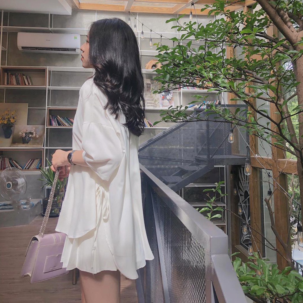 Áo sơ mi cộc tay buộc eo form rộng chất voan trượt vạt bầu