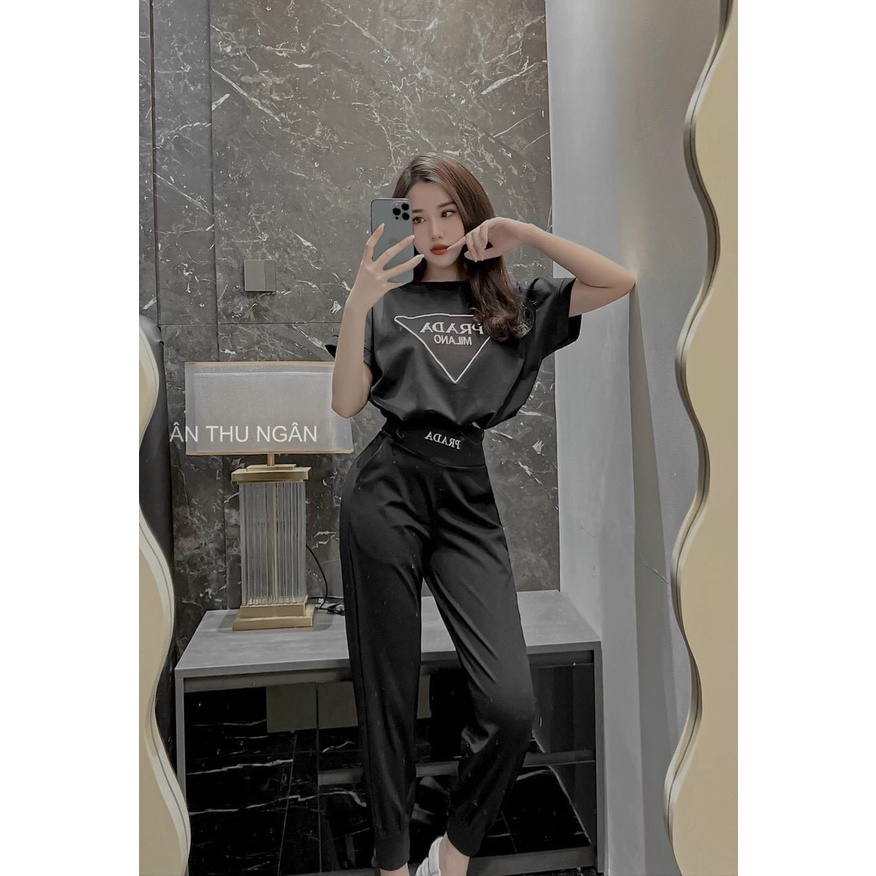 [9.9 Sales Freeship] Set bộ thể thao nữ, set bộ áo tay ngắn in chữ quần dài ống túm đi chơi cá tính dx