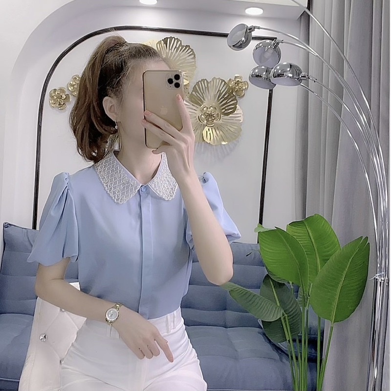 áo sơ mi tay bồng cổ đá - thời trang công sở dạo phố chất liệu lụa hàn mềm mịn mặc mát