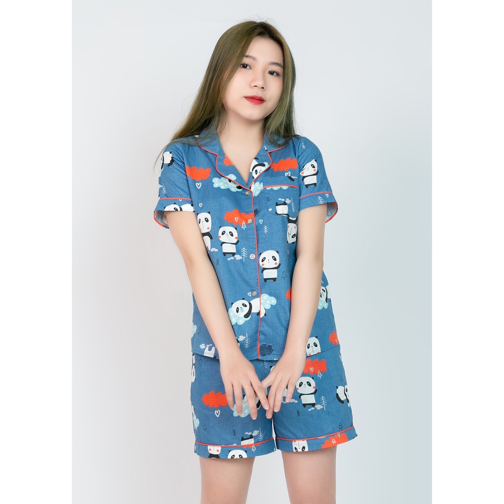 Pijama mẹ và bé màu xanh hình gấu trúc