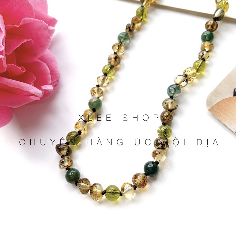 Vòng cổ Little Smiles Amber chính hãng Úc 33-35cm Baby Green Baltic Amber, Moss Agate & Peridot Teething Necklaces