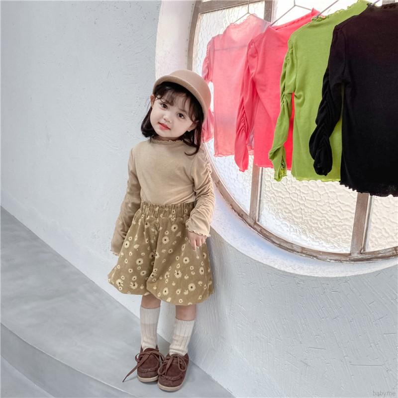 Girl Shirt  Autumn Cotton Long Sleeve Blouse Ear-edge Sleeve Closed Tendon Candy Color Undercoat Top