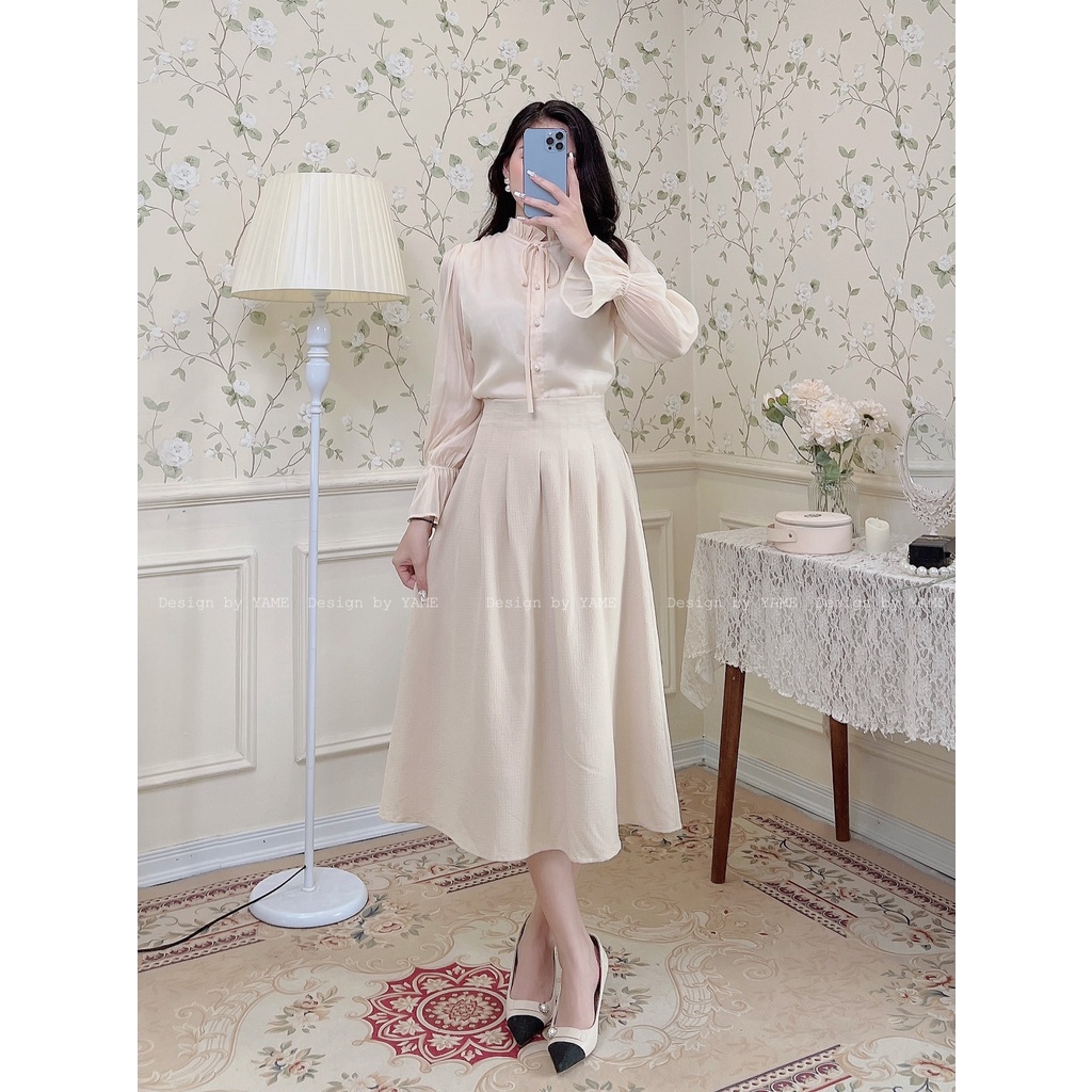 Set bán lẻ gồm áo sơ mi công sở, chân váy midi dáng dài OLI YAME