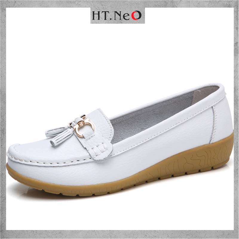 Giày nữ da bò HT.NeO , Giày da búp bê nơ chuông đế xuống cao 3,5cm tôn dáng êm mềm chắc chắn phong cách 4 mùa GDN08