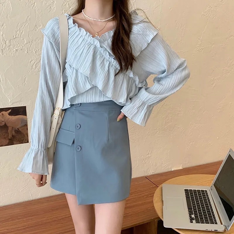 Set Áo + Váy Cạp Cao Phong Cách Hàn Quốc 2021