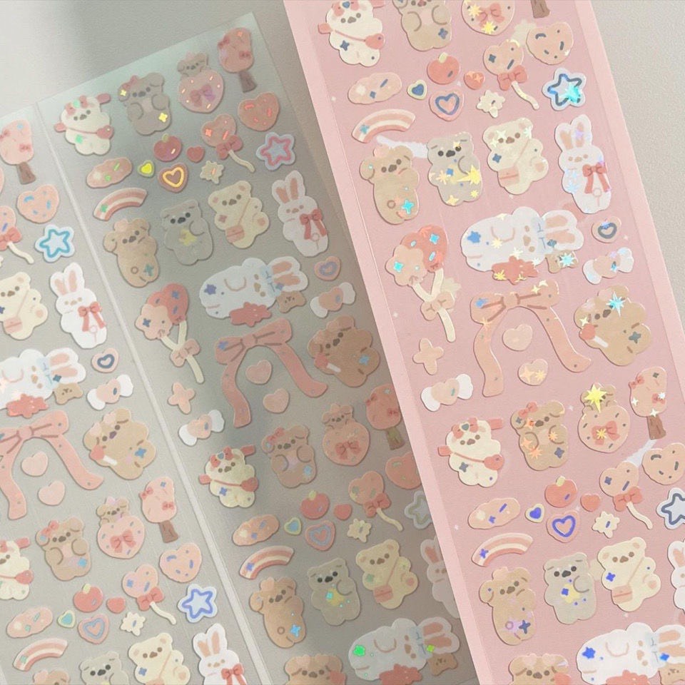 Sticker gấu thỏ mini cán nhũ trang trí polcols/ toploader